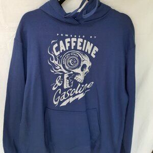 New Large Powered by Caffeine & Gasoline Skull Logo Blue Pullover Hoodie